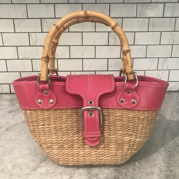 Miche Straw Basket Handbag Womens Pink Leather Trim Bamboo Handles Insert Tote - Picture 1 of 10